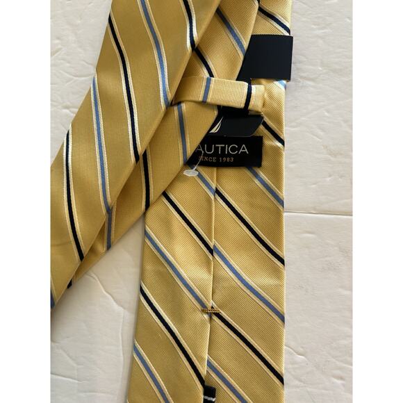 NWT NAUTICA Silk Repp Necktie Mens 3.25" Yellow Blue Tones Striped Tie Classic - Picture 2 of 5